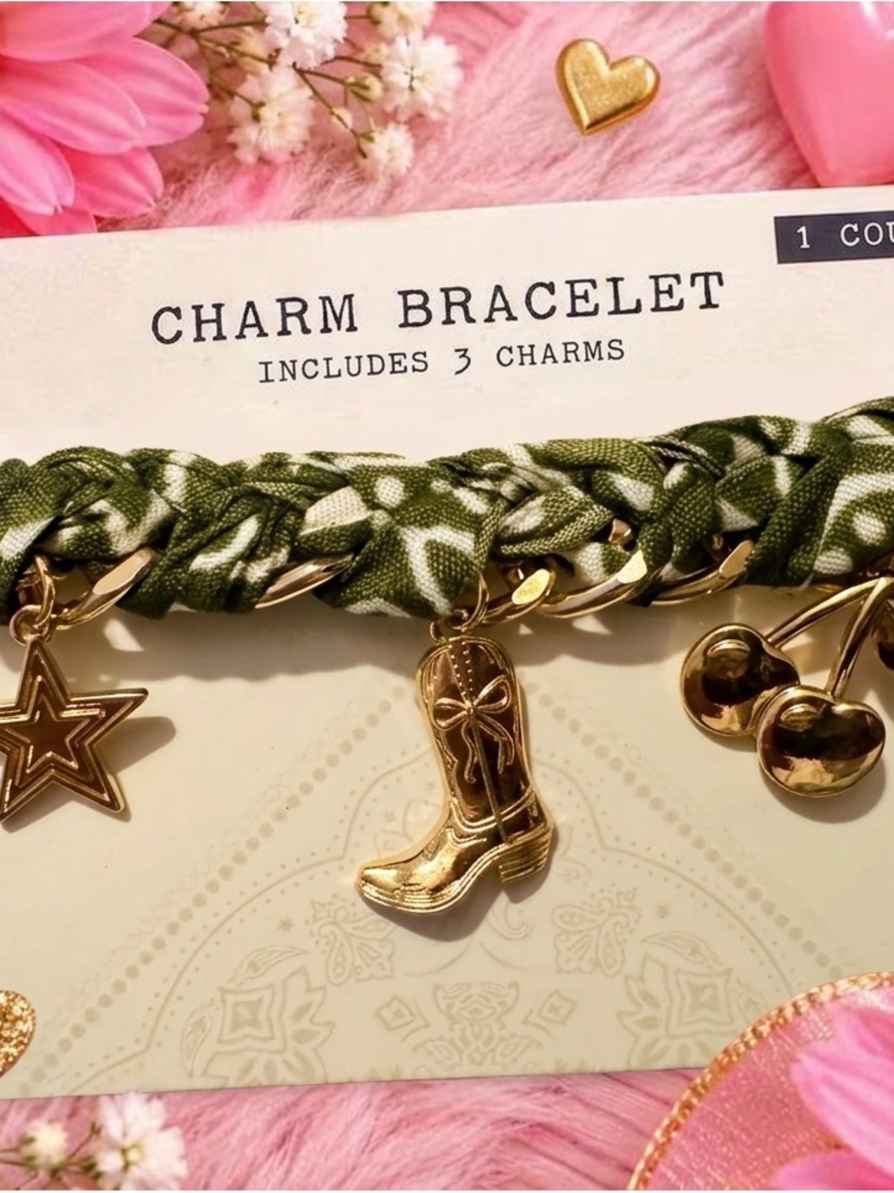 Gold Charm Bracelet with Green Fabric Braid - Includes 3 Charms